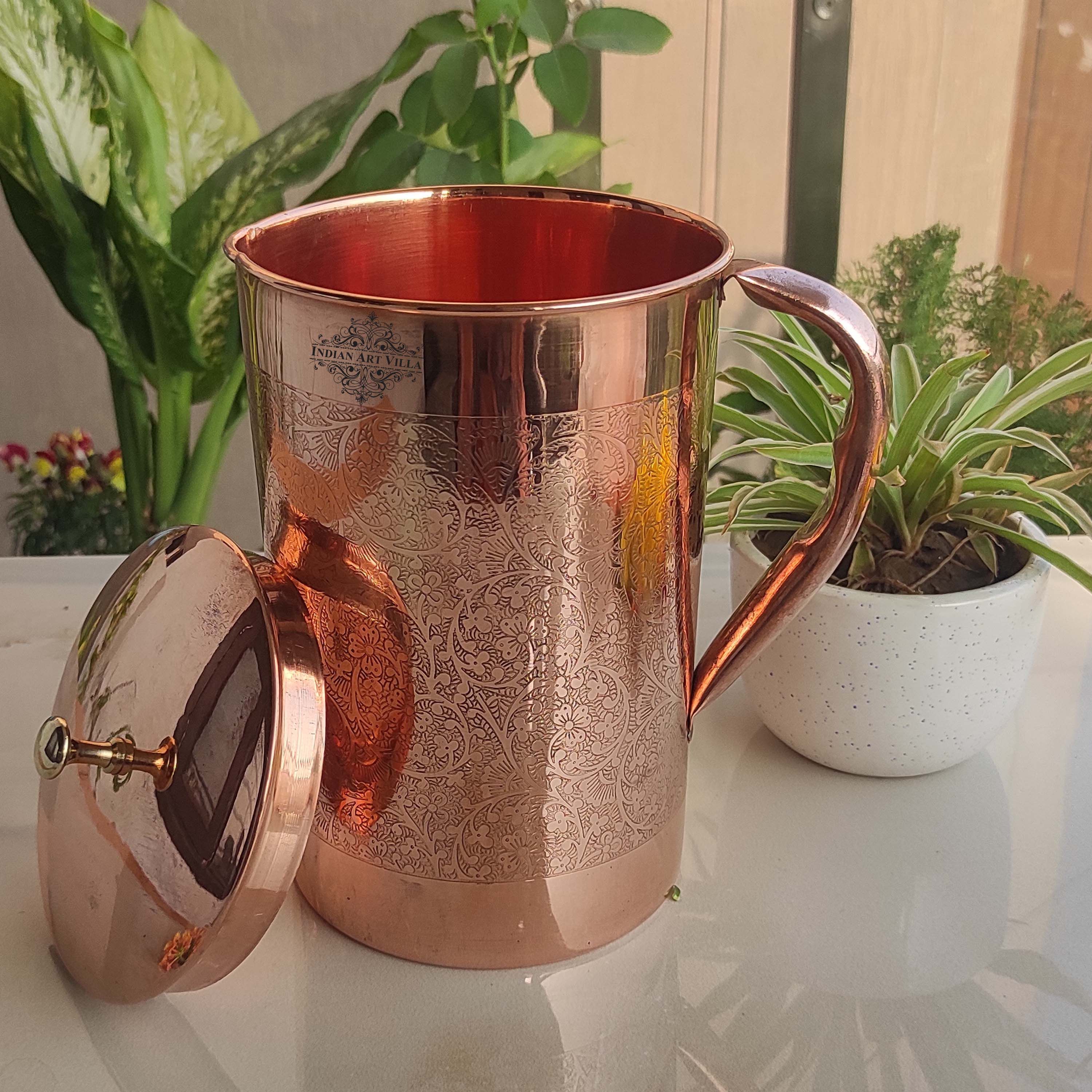 Pure copper embossed jug with brass knob on lid half embossed, 2000 ML